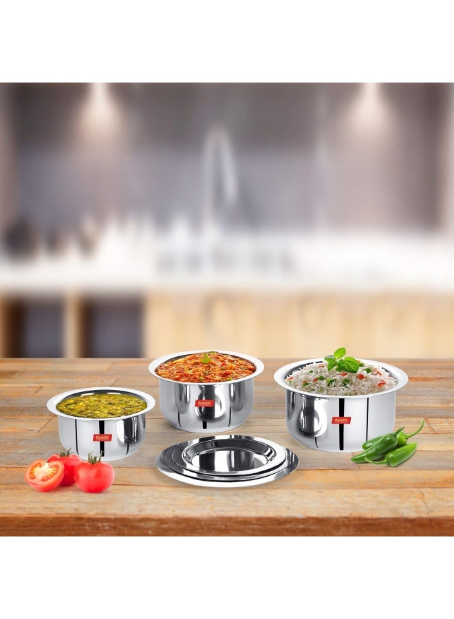 Sumeet Stainless Steel Mini Size Flat Bottom Induction And Gas Stove Friendly Tope Patila Cookware Set Of 3Pieces With Lids  370Ml  550Ml  800Ml