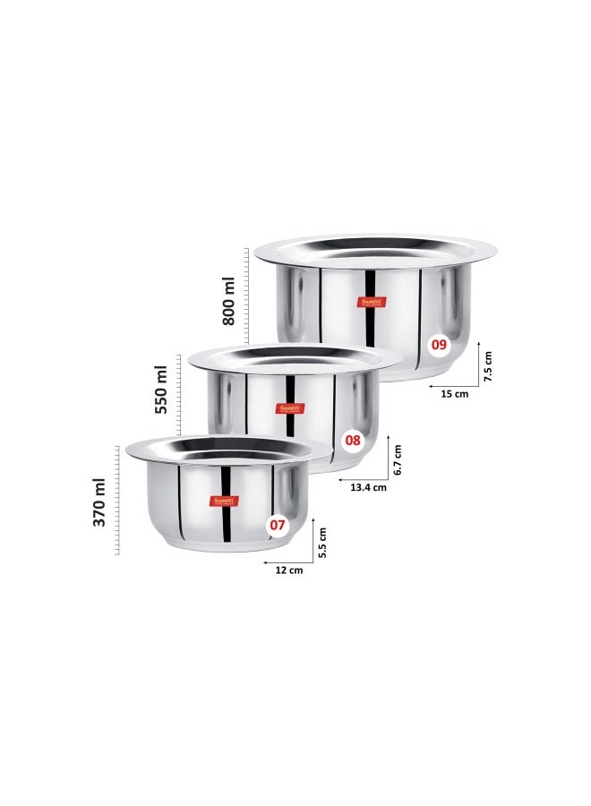 Sumeet Stainless Steel Mini Size Flat Bottom Induction And Gas Stove Friendly Tope Patila Cookware Set Of 3Pieces With Lids  370Ml  550Ml  800Ml