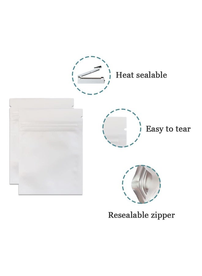 Ferenli 100 Pieces Mylar Food Storage Bag Zipper Lock Matte Aluminum Foil Airtight Bag With Front Window Plastic Packaging Pouch For Zip Flat Heat Seal Lock Resealable 7.5X10Cm 3X3.9 Inch White