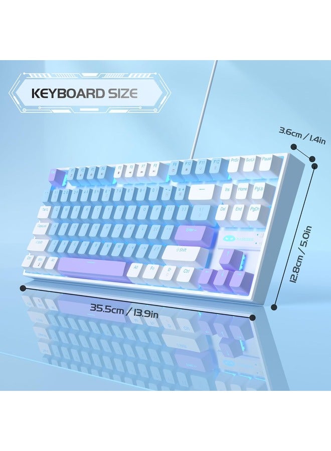 Mechanical Gaming Keyboard with Blue Switch, LED White Backlit Keyboard, 87 Keys Compact TKL 75% Wired - Blue/White