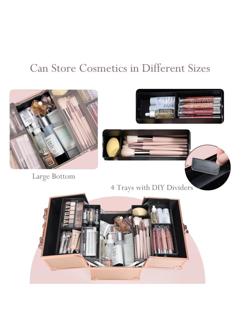 FRENESSA Makeup Train Case 10 Inch Travel Beauty Cosmetic Box Professional 4-trays Jewelry Storage Organizer with Lockable Portable for Women and Girls - Rose Gold