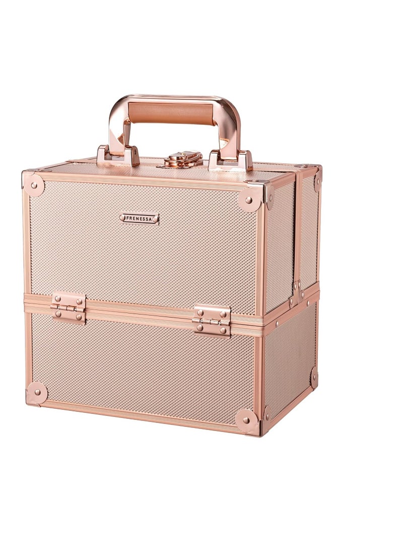 FRENESSA Makeup Train Case 10 Inch Travel Beauty Cosmetic Box Professional 4-trays Jewelry Storage Organizer with Lockable Portable for Women and Girls - Rose Gold