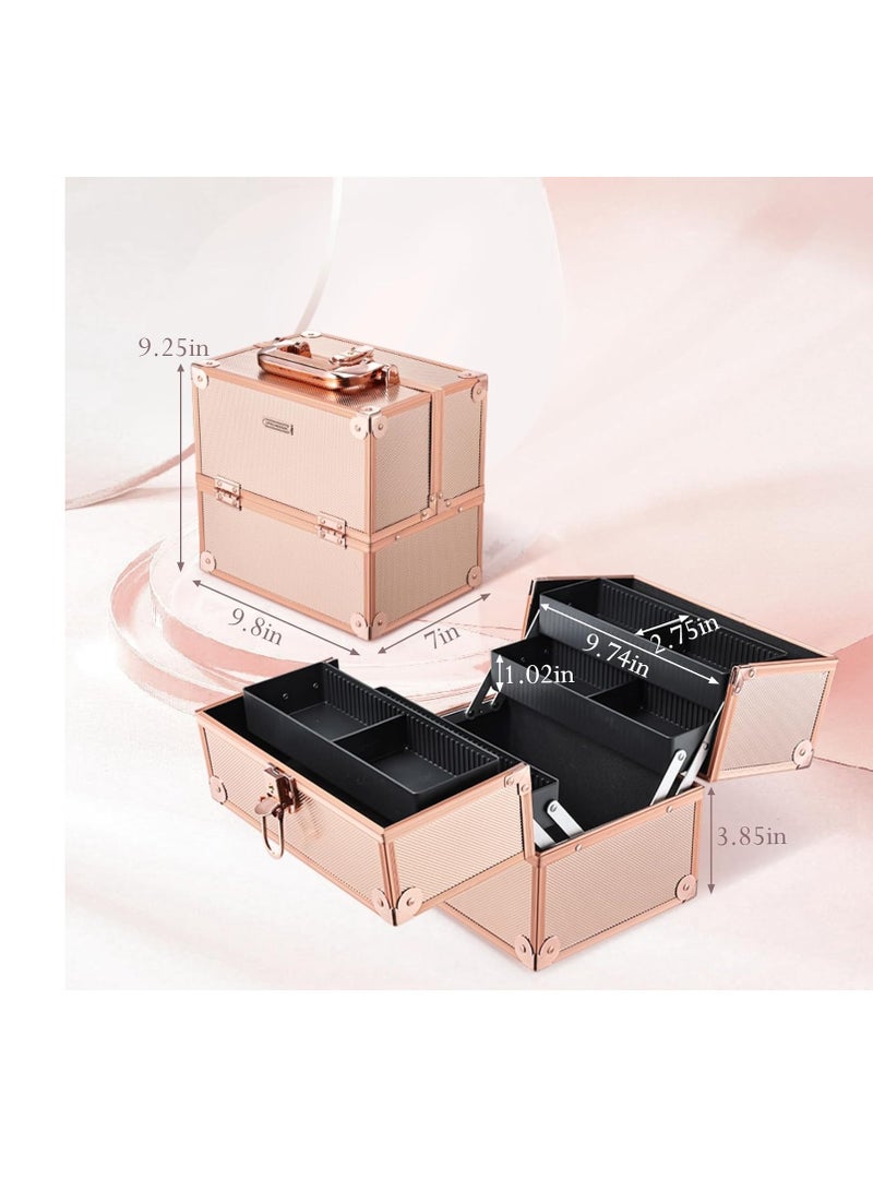 FRENESSA Makeup Train Case 10 Inch Travel Beauty Cosmetic Box Professional 4-trays Jewelry Storage Organizer with Lockable Portable for Women and Girls - Rose Gold