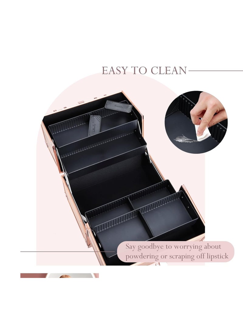 FRENESSA Makeup Train Case 10 Inch Travel Beauty Cosmetic Box Professional 4-trays Jewelry Storage Organizer with Lockable Portable for Women and Girls - Rose Gold