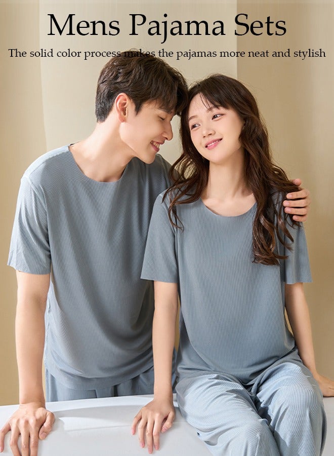 Men's Pajamas Set Short Sleeve Summer Relaxed Pajamas Round Neck High Elastic Breathable Thin Pajamas Set