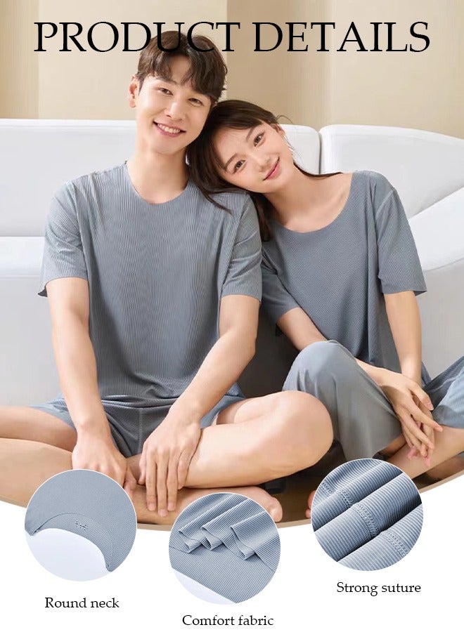 Men's Pajamas Set Short Sleeve Summer Relaxed Pajamas Round Neck High Elastic Breathable Thin Pajamas Set