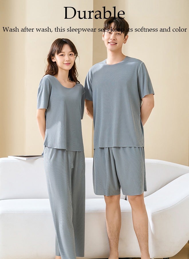 Men's Pajamas Set Short Sleeve Summer Relaxed Pajamas Round Neck High Elastic Breathable Thin Pajamas Set