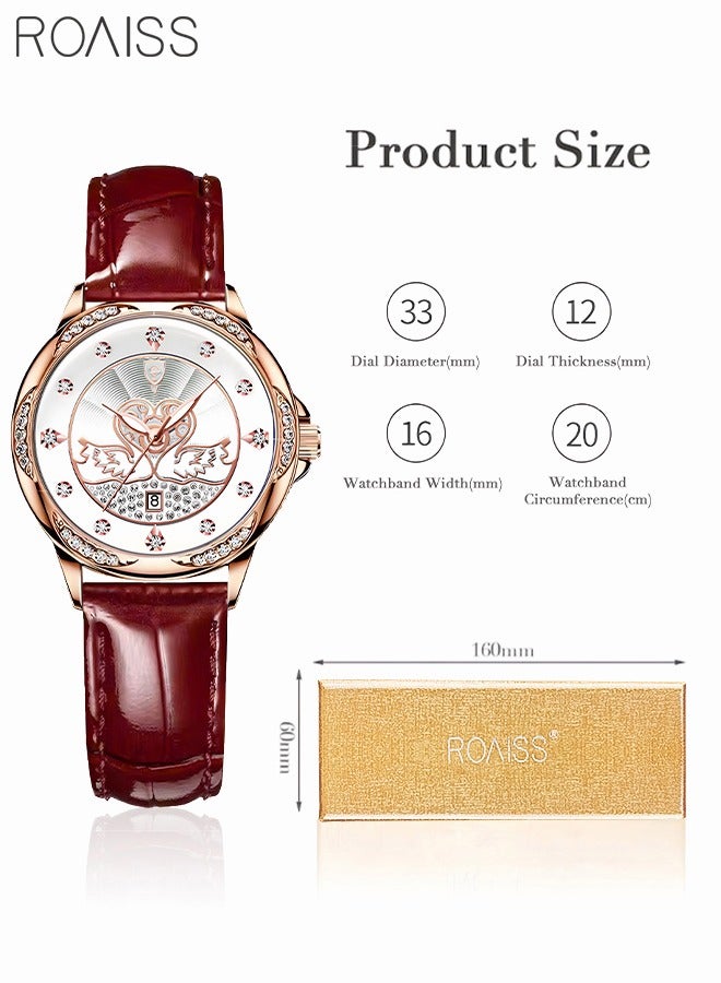 Women's Leather Strap Quartz Watch Analog Display Round Dial with Rhinestones and Swan Pattern Decoration Waterproof Elegant Wristwatch as Gift for Ladies