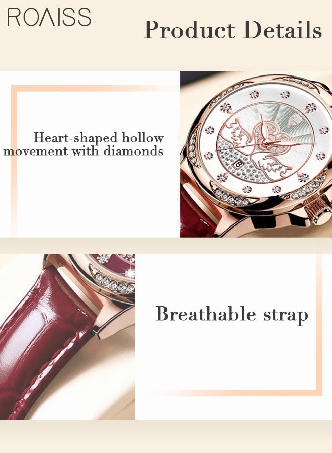 Women's Leather Strap Quartz Watch Analog Display Round Dial with Rhinestones and Swan Pattern Decoration Waterproof Elegant Wristwatch as Gift for Ladies