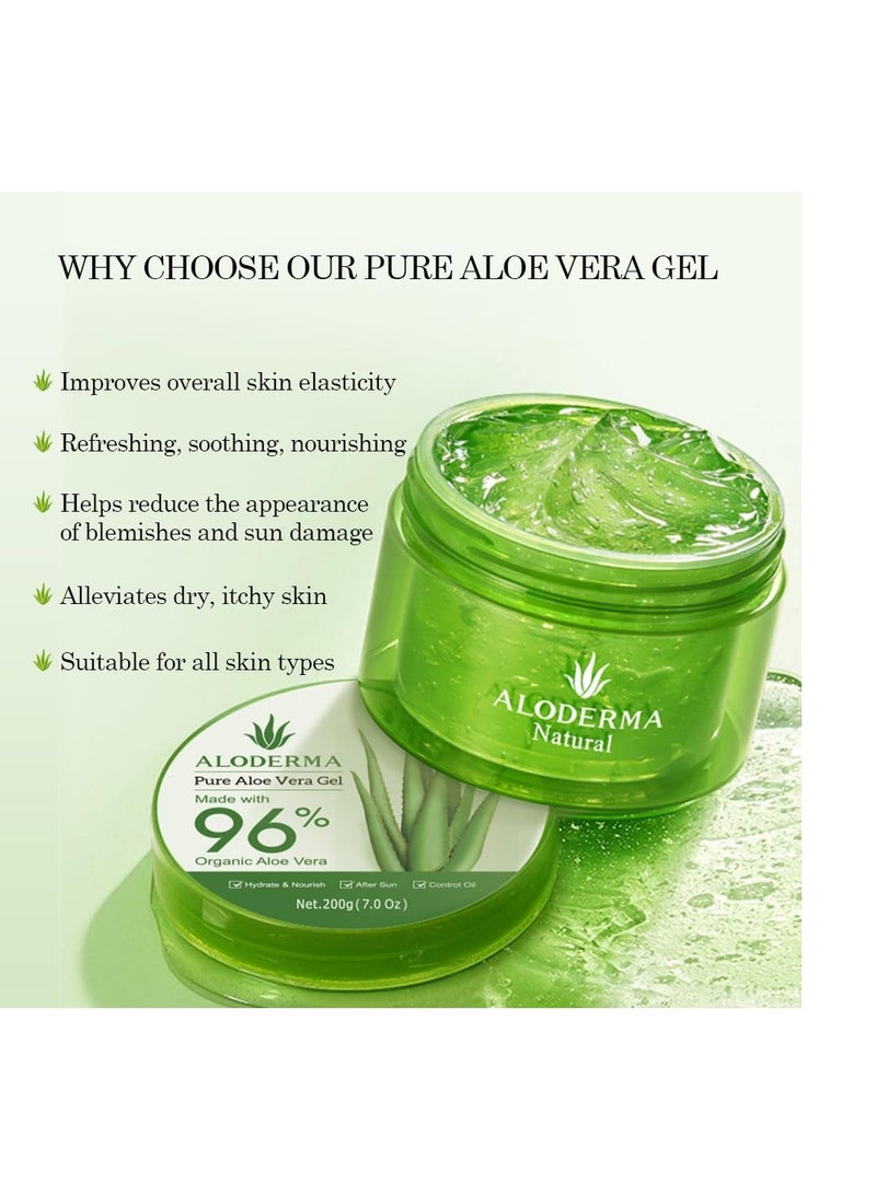 Aloderma Organic Aloe Vera Gel for Face & Body, 96% Pure Aloe Gel Made within 12 Hours of Harvest, Ideal for Skin, Scalp, & Hair Hydration, Calming Moisturizer for Soothing After Sun Care Relief, 7oz