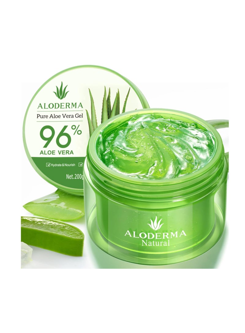 Aloderma Organic Aloe Vera Gel for Face & Body, 96% Pure Aloe Gel Made within 12 Hours of Harvest, Ideal for Skin, Scalp, & Hair Hydration, Calming Moisturizer for Soothing After Sun Care Relief, 7oz