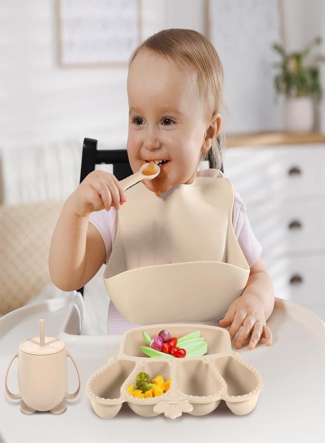 Silicone Baby Feeding Set, 10 Pcs Baby Led Weaning Supplies Suction Bowl Divided Plate Baby Bibs Fruit feeder Baby Spoons Forks Sippy Cup Toddler Utensil Sets