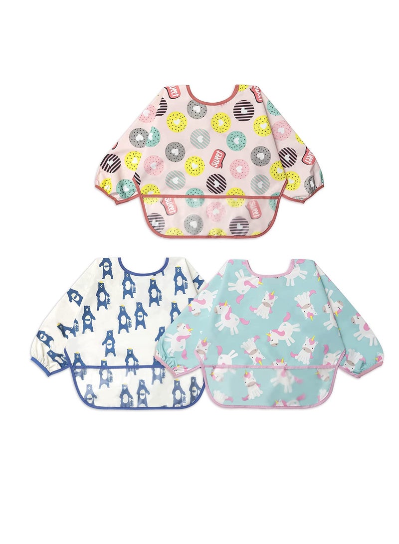Unisex Waterproof Long Sleeve Baby Bibs - 3 Pack Feeding Smock Apron Set for Infants and Toddlers Aged 6-24 Months
