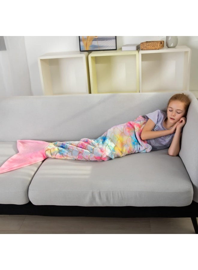 Cosusket Mermaid Tail Blankets Glittering Wearable Cute Cozy Soft Flannel Rainbow Colorful For Girls Lover All Season On Sofa Bed