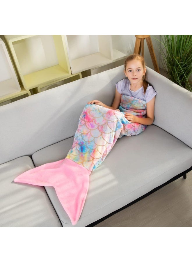 Cosusket Mermaid Tail Blankets Glittering Wearable Cute Cozy Soft Flannel Rainbow Colorful For Girls Lover All Season On Sofa Bed