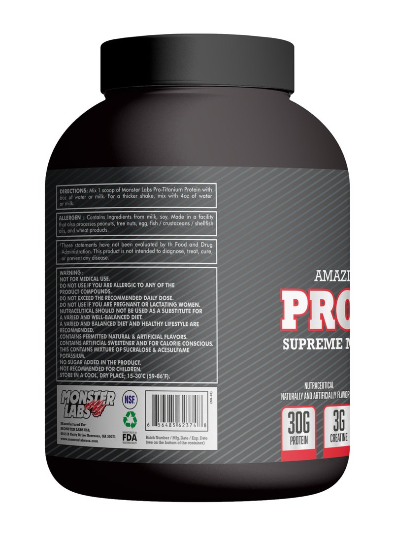 Monster Labs Pro Titanium 100% Fast-Absorption Whey Protein, 30 Grams of Protein with 3g Creatine, 3.5g BCAA, 13.5g Amino Acids - Café Frappe, 5.2 Lbs, 54 Servings