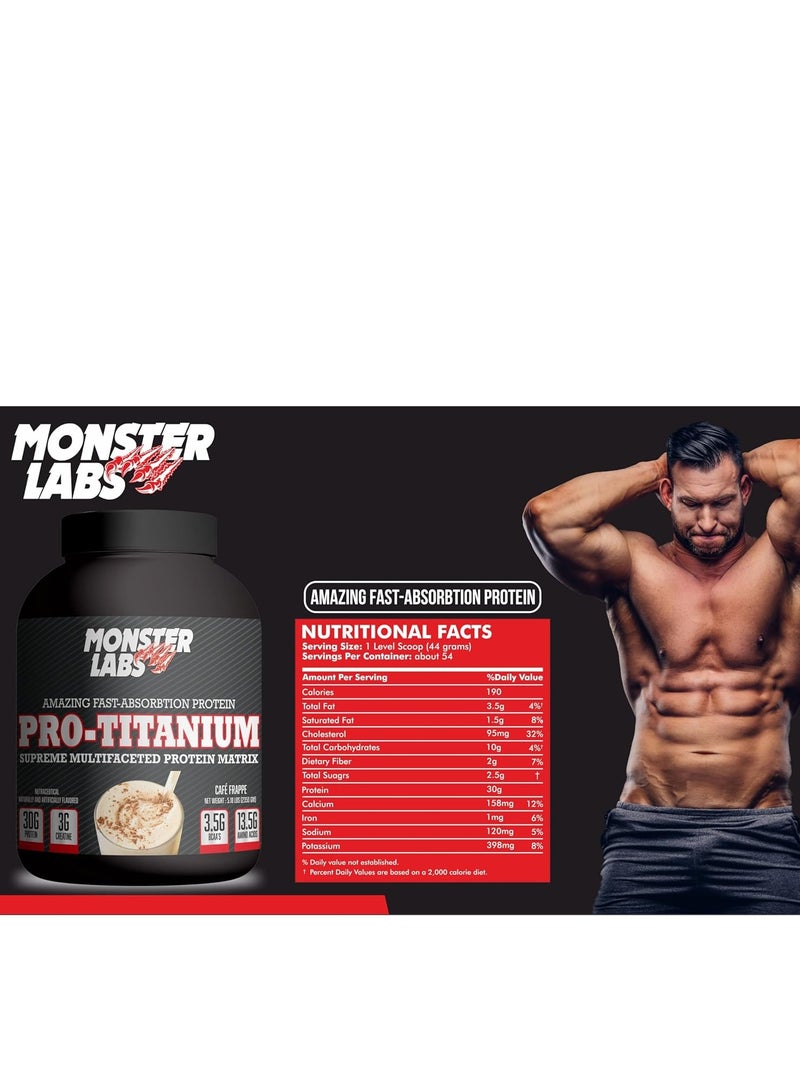 Monster Labs Pro Titanium 100% Fast-Absorption Whey Protein, 30 Grams of Protein with 3g Creatine, 3.5g BCAA, 13.5g Amino Acids - Café Frappe, 5.2 Lbs, 54 Servings