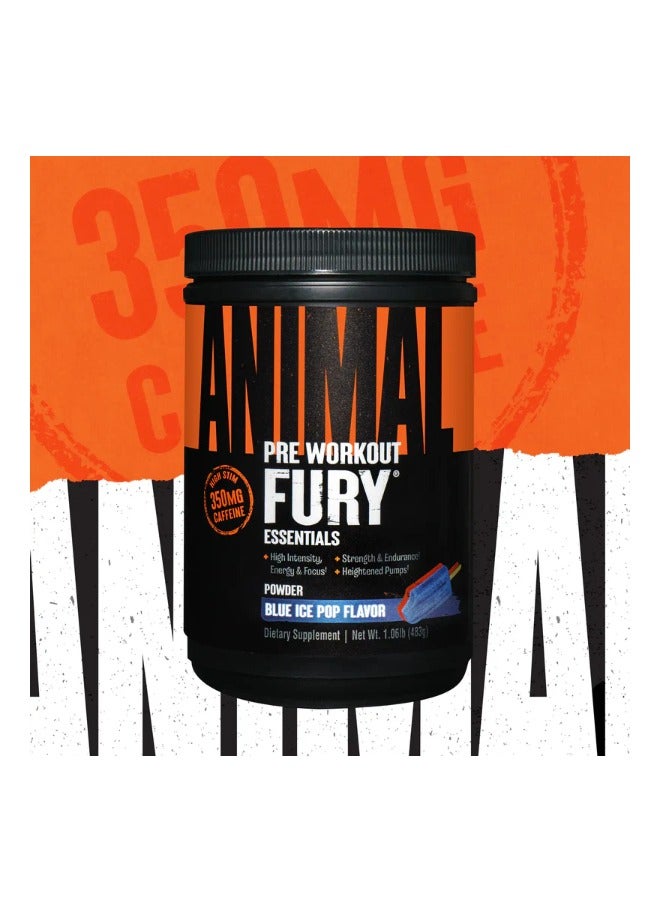 Animal Fury - Pre Workout Powder, Energy and Focus Supplement with 5g BCAA, 350 mg Caffeine, Beta-Alanine, Nitric Oxide Booster, Blue Ice Pop Flavor, 30 Servings