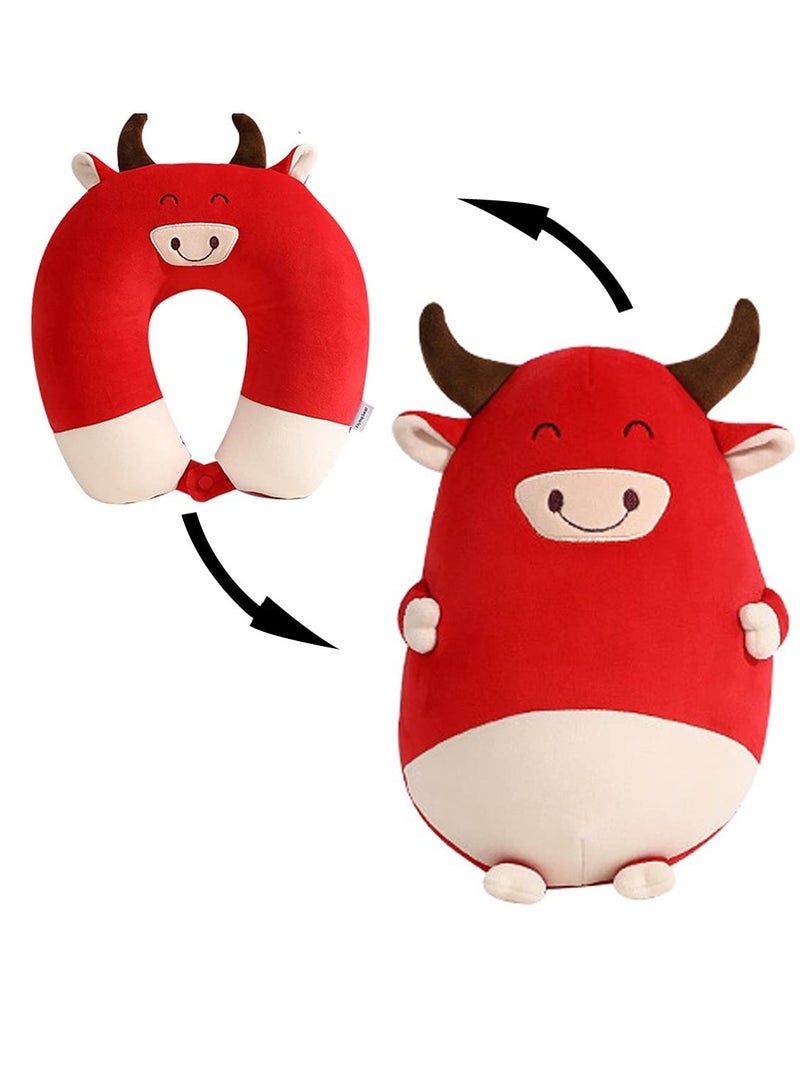 Convertible 2-in-1 Travel Pillow - Cartoon Cow Shaped U-Shape Neck Pillow & Plush Doll for Relaxation and Sleep, Perfect for Adults and Kids (Red)