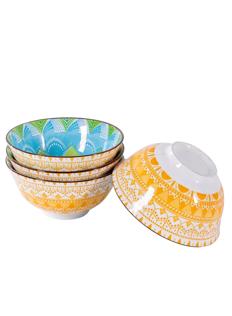 Bohemian Style Multi-Color Ceramic Bowls - Set of 4, 6.25-inch, Dishwasher and Microwave Safe, Ideal for All Occasions