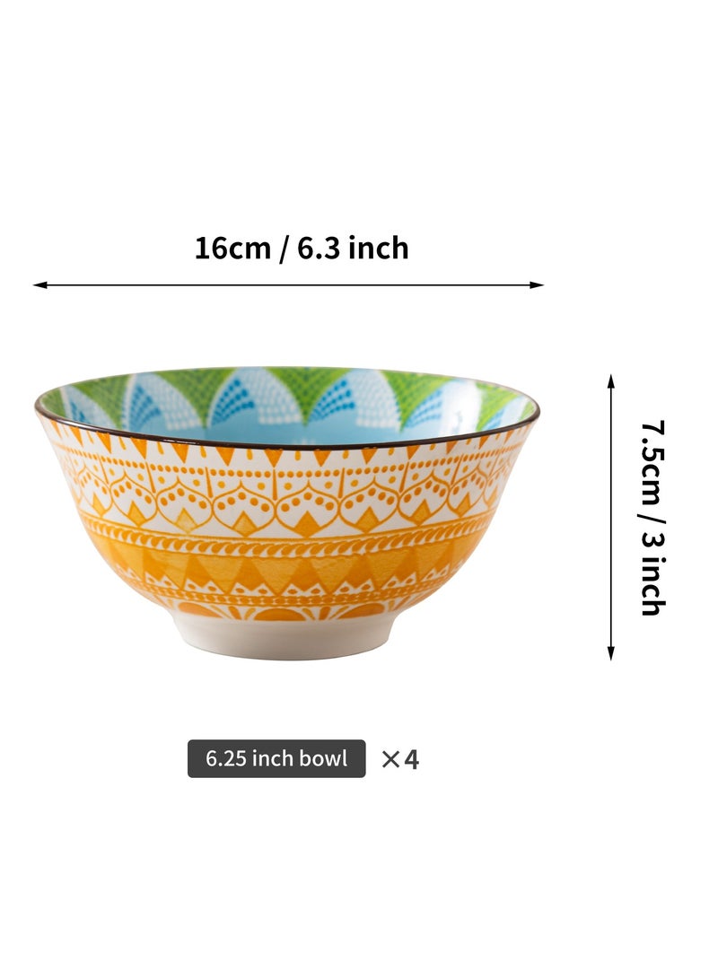 Bohemian Style Multi-Color Ceramic Bowls - Set of 4, 6.25-inch, Dishwasher and Microwave Safe, Ideal for All Occasions