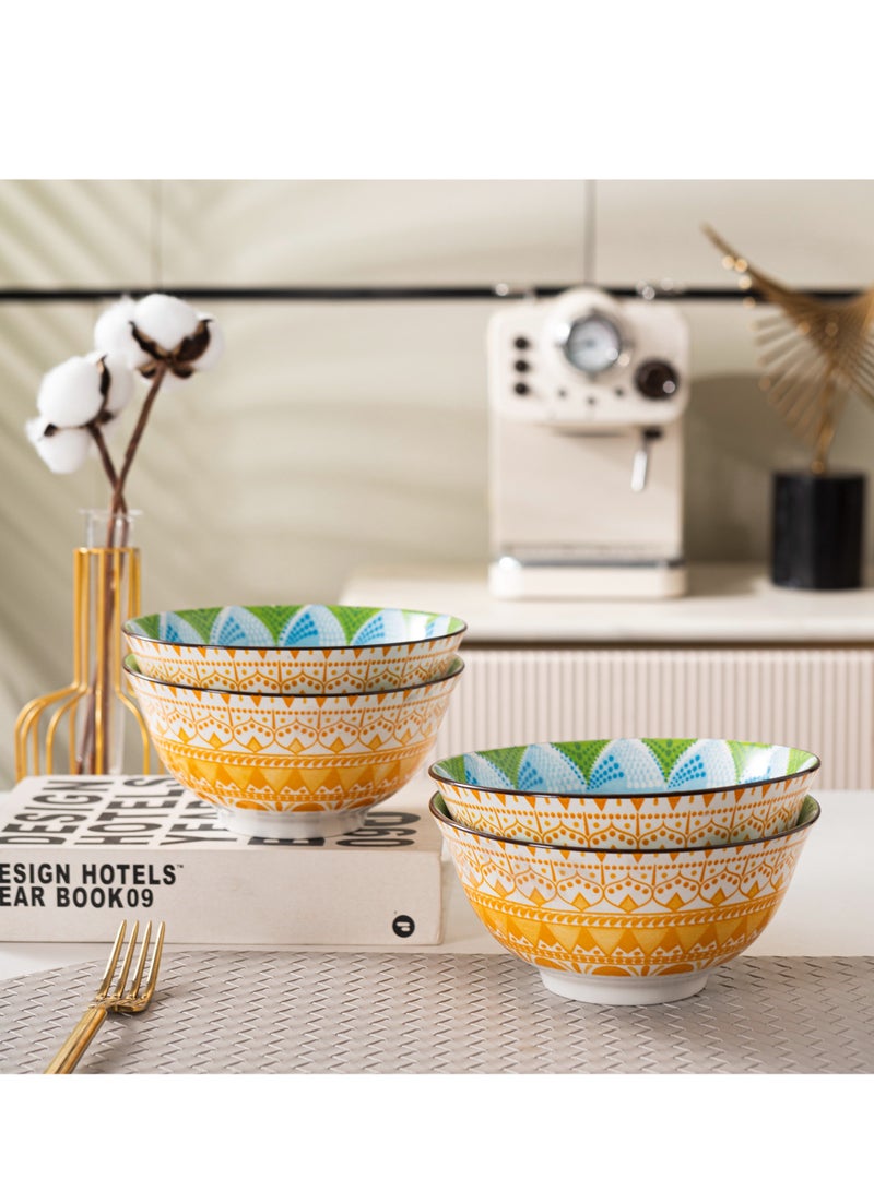 Bohemian Style Multi-Color Ceramic Bowls - Set of 4, 6.25-inch, Dishwasher and Microwave Safe, Ideal for All Occasions