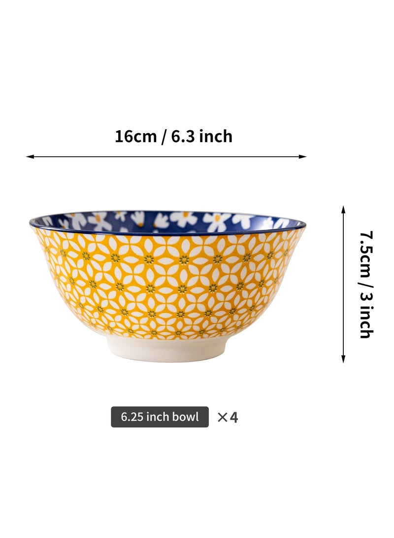 Bright Bohemian Ceramic Bowls Set of 4, 6.25-Inch Porcelain Bowls for Soup, Salad, Desserts - Dishwasher & Microwave Safe