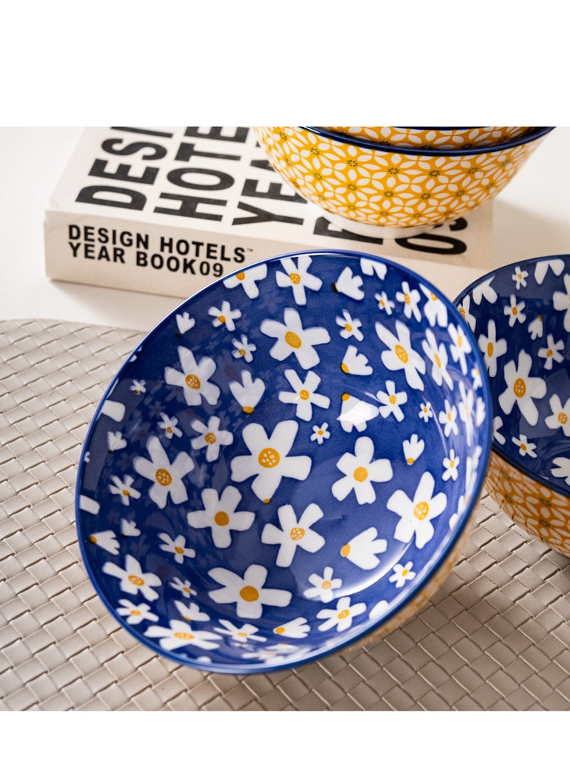 Bright Bohemian Ceramic Bowls Set of 4, 6.25-Inch Porcelain Bowls for Soup, Salad, Desserts - Dishwasher & Microwave Safe