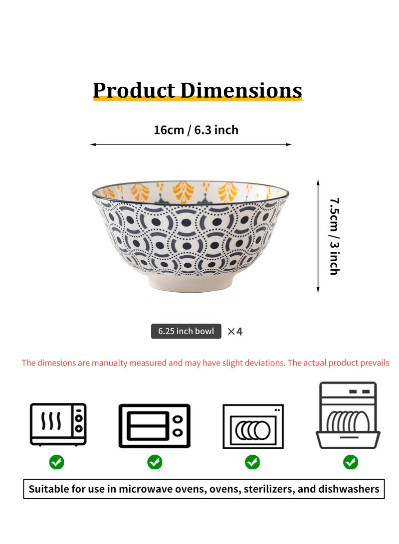 Bohemian Style Multi-Color Ceramic Bowls - Set of 4, 6.25-inch Porcelain Dishware, Dishwasher and Microwave Safe, Perfect for Soup, Salad, Desserts, and More