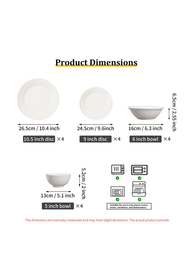 Classic White Porcelain Dinner Set, 16-Piece Modern Ceramic Plates and Bowls - Microwave & Dishwasher Safe