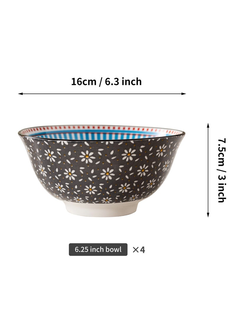 Artistic Bohemian Ceramic Bowls Set of 4, 6.25-Inch Porcelain Bowls for Soup, Salad, Desserts - Dishwasher & Microwave Safe