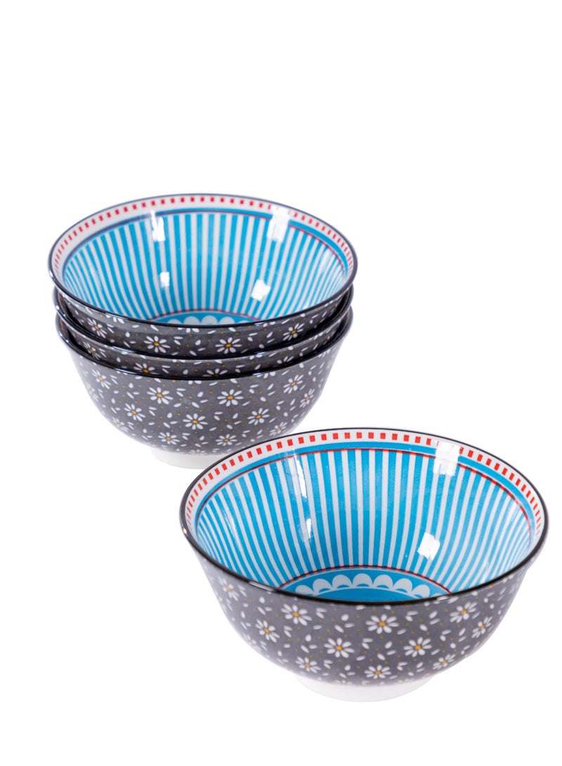 Artistic Bohemian Ceramic Bowls Set of 4, 6.25-Inch Porcelain Bowls for Soup, Salad, Desserts - Dishwasher & Microwave Safe