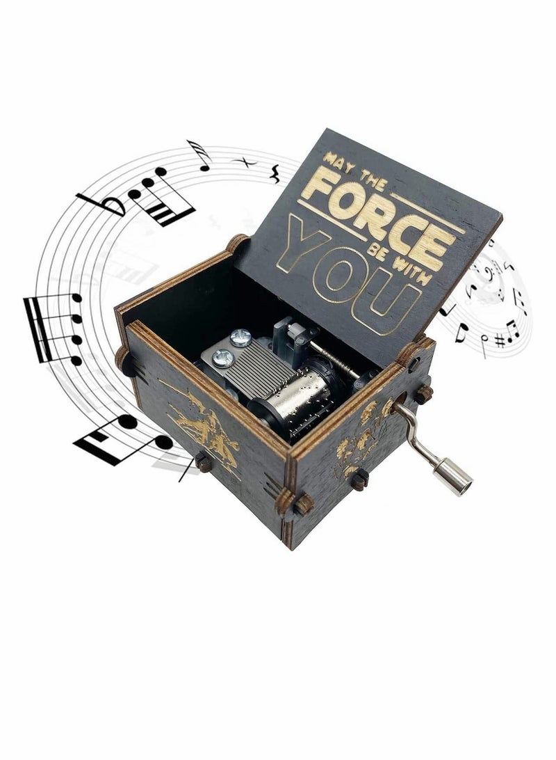 Star Wars Wooden Music Box, Hand Crank Vintage Musical Decor, Laser Engraved Mini Antique Gift for Weddings, Birthdays, and Special Occasions, Unique Home Decoration (Black)