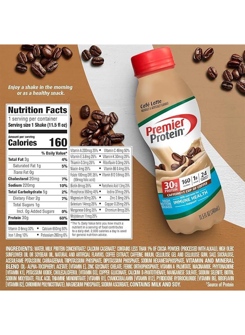 Pack Of 12 Shake Café Latte Liquid, 30G Protein, 1G Sugar, 24 Vitamins & Minerals, Nutrients To Support Immune Health, Gluten Free, 11.5 Fl Oz Bottle