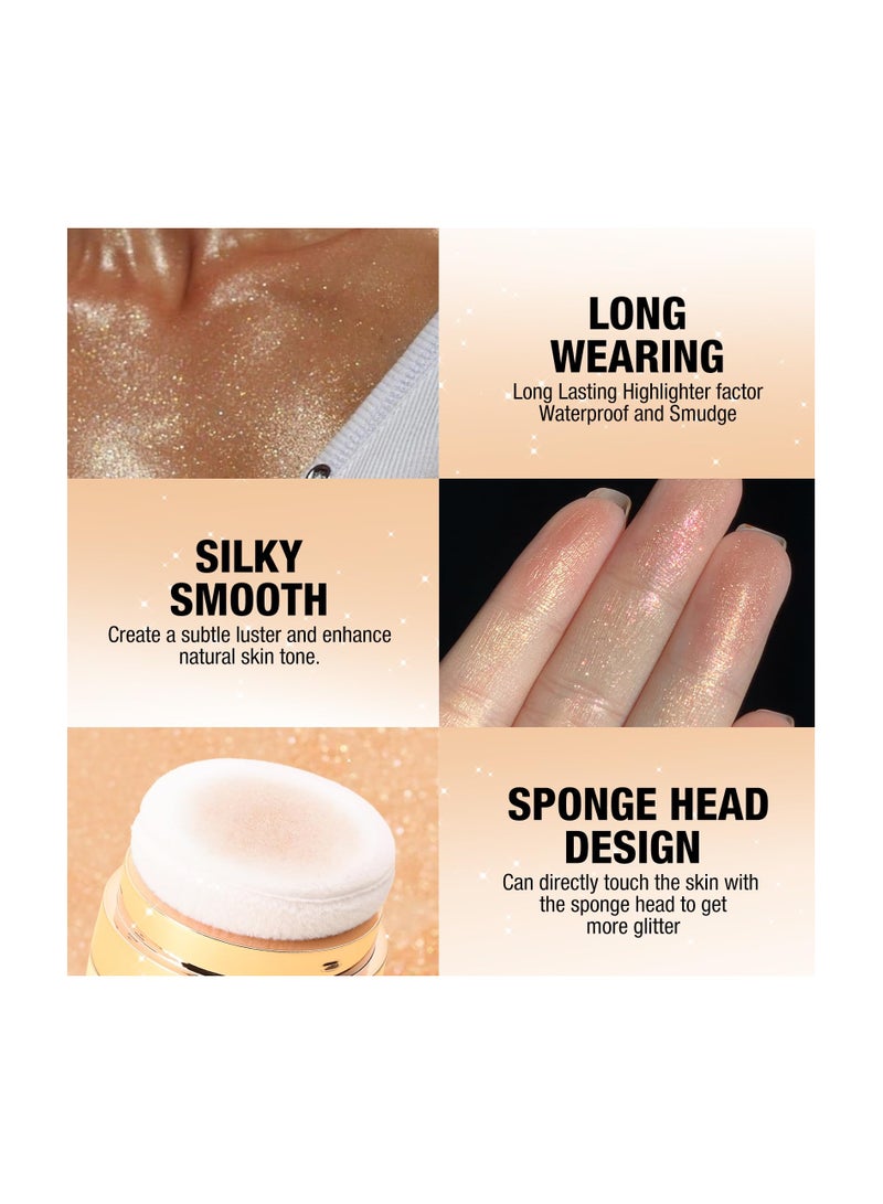 Glitter Body Highlighter Powder, Body Shimmer Sparkle Face Brightening Highlighter Powder, Sparkling Blush Highlighter Powder, for Face Eyes Body Glow Makeup With sponge head, for Women( Golden）