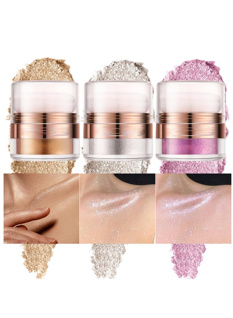 Glitter Body Highlighter Powder, Body Shimmer Sparkle Face Brightening Highlighter Powder, Sparkling Blush Highlighter Powder, for Face Eyes Body Glow Makeup With sponge head, for Women( Golden）