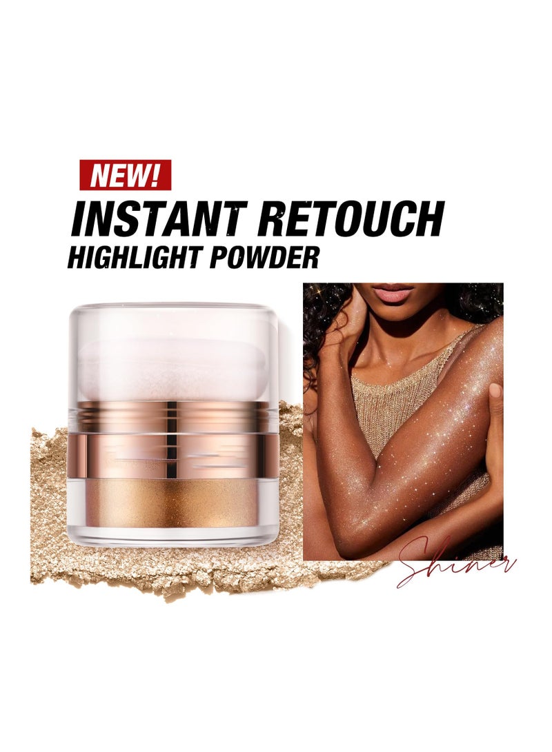 Glitter Body Highlighter Powder, Body Shimmer Sparkle Face Brightening Highlighter Powder, Sparkling Blush Highlighter Powder, for Face Eyes Body Glow Makeup With sponge head, for Women( Golden）