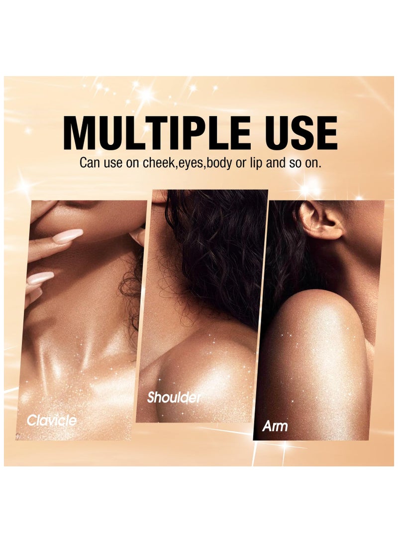 Glitter Body Highlighter Powder, Body Shimmer Sparkle Face Brightening Highlighter Powder, Sparkling Blush Highlighter Powder, for Face Eyes Body Glow Makeup With sponge head, for Women( Golden）