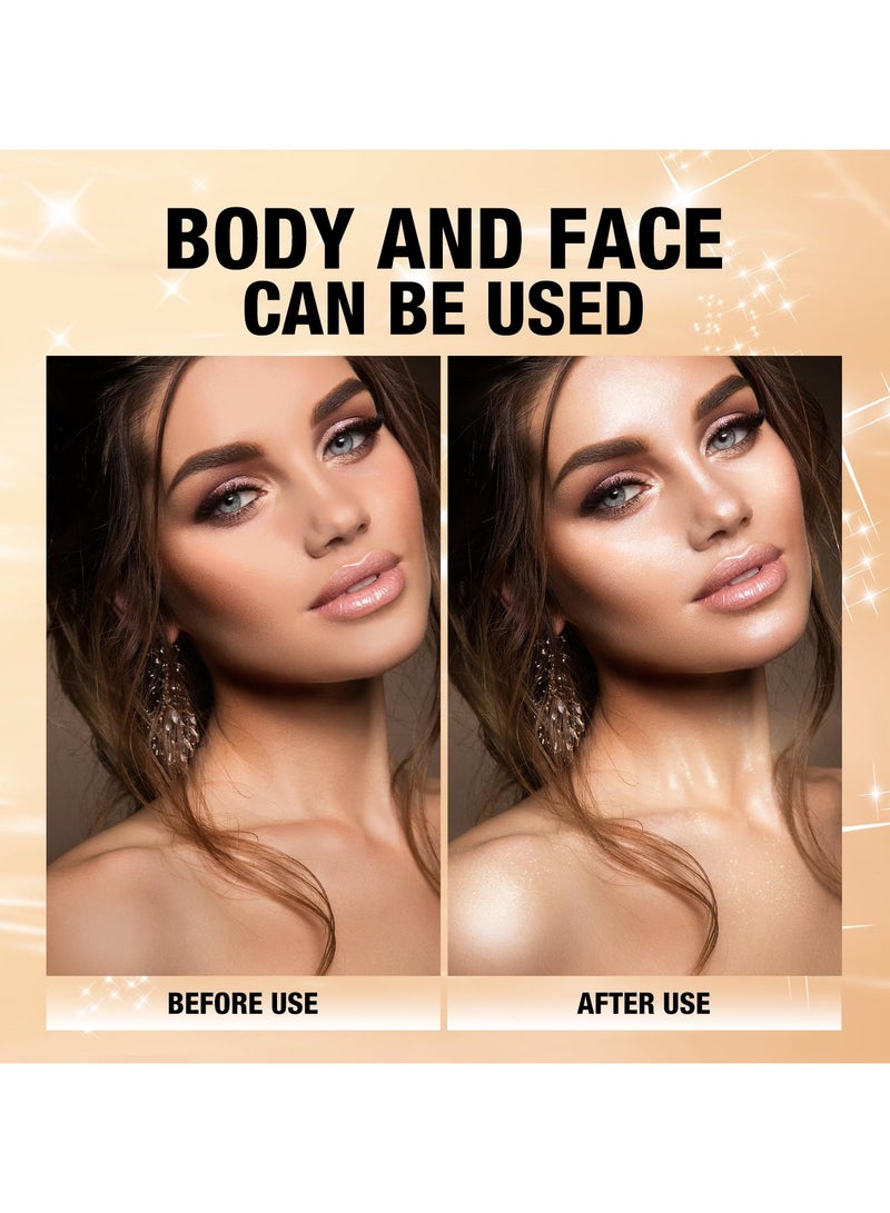 Glitter Body Highlighter Powder, Body Shimmer Sparkle Face Brightening Highlighter Powder, Sparkling Blush Highlighter Powder, for Face Eyes Body Glow Makeup With sponge head, for Women( Golden）