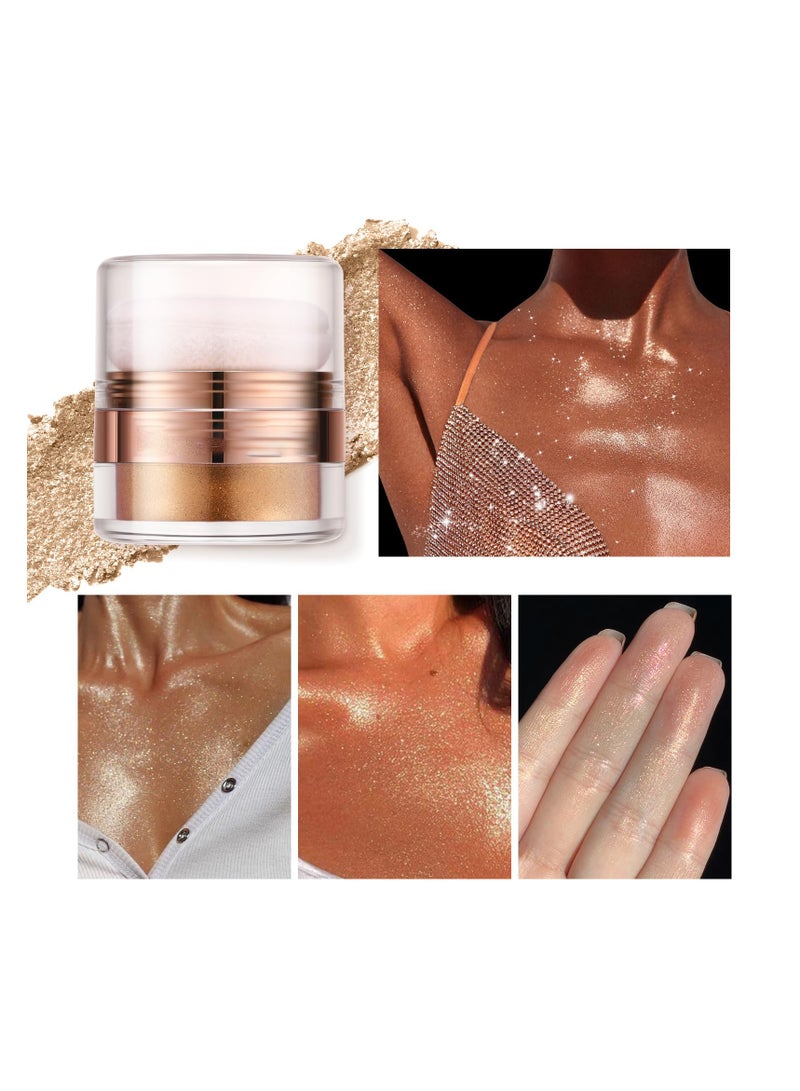 Glitter Body Highlighter Powder, Body Shimmer Sparkle Face Brightening Highlighter Powder, Sparkling Blush Highlighter Powder, for Face Eyes Body Glow Makeup With sponge head, for Women( Golden）