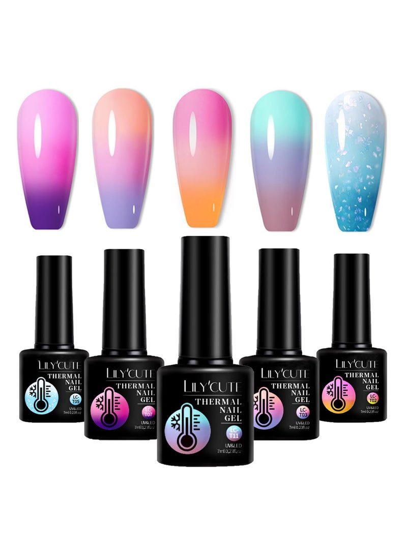 5 Pcs Gel Nail Polish, Colour Changing Gel Nail Polish Set, UV Gel Thermal Temperature Nail Polish Set Soak Off Glitter Matte Finish Nails Art Gifts For Women