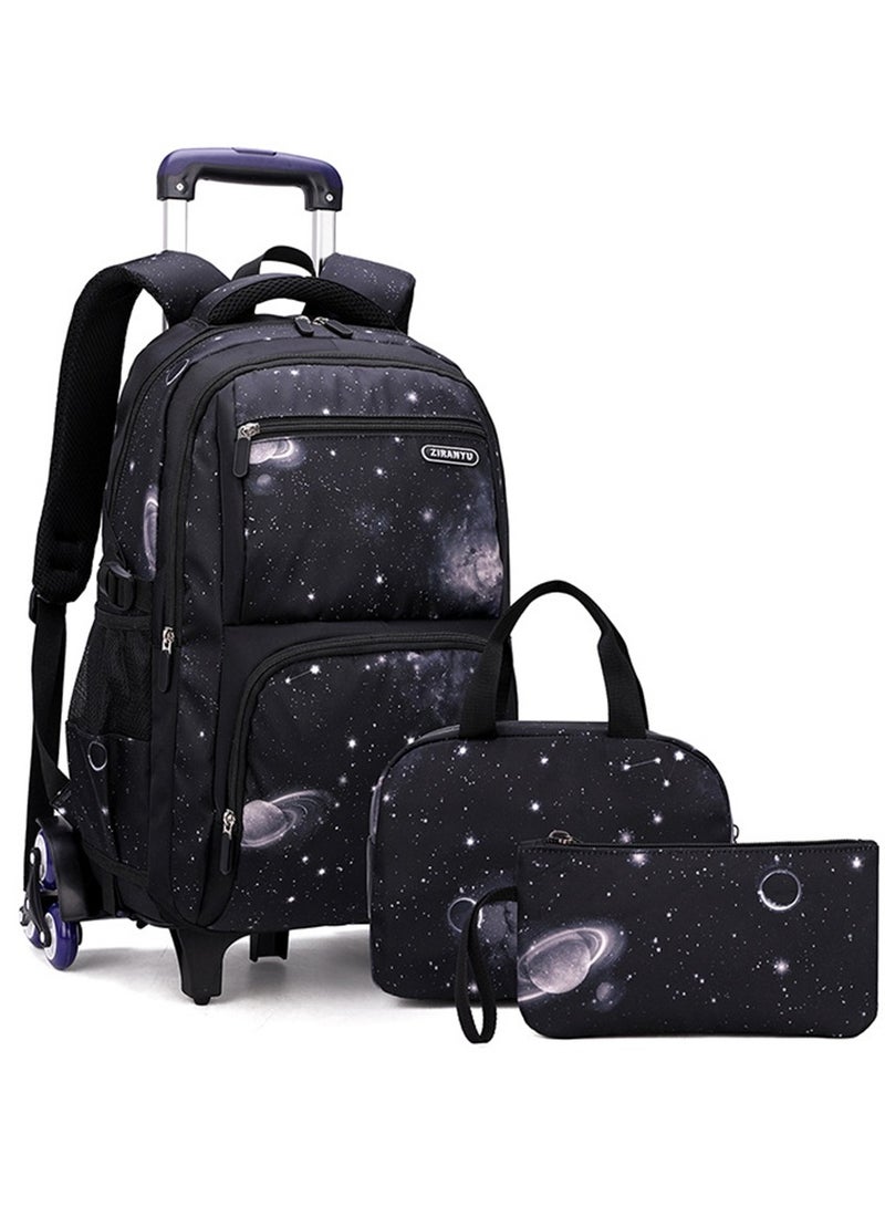 Boys Rolling Backpacks 3-Piece Kids Luggage Wheeled Backpack for Primary Junior School Bag Kids Backpack with Lunch Box and Pen Pouch Trolley Bags Space-Galaxy Roller Bookbag