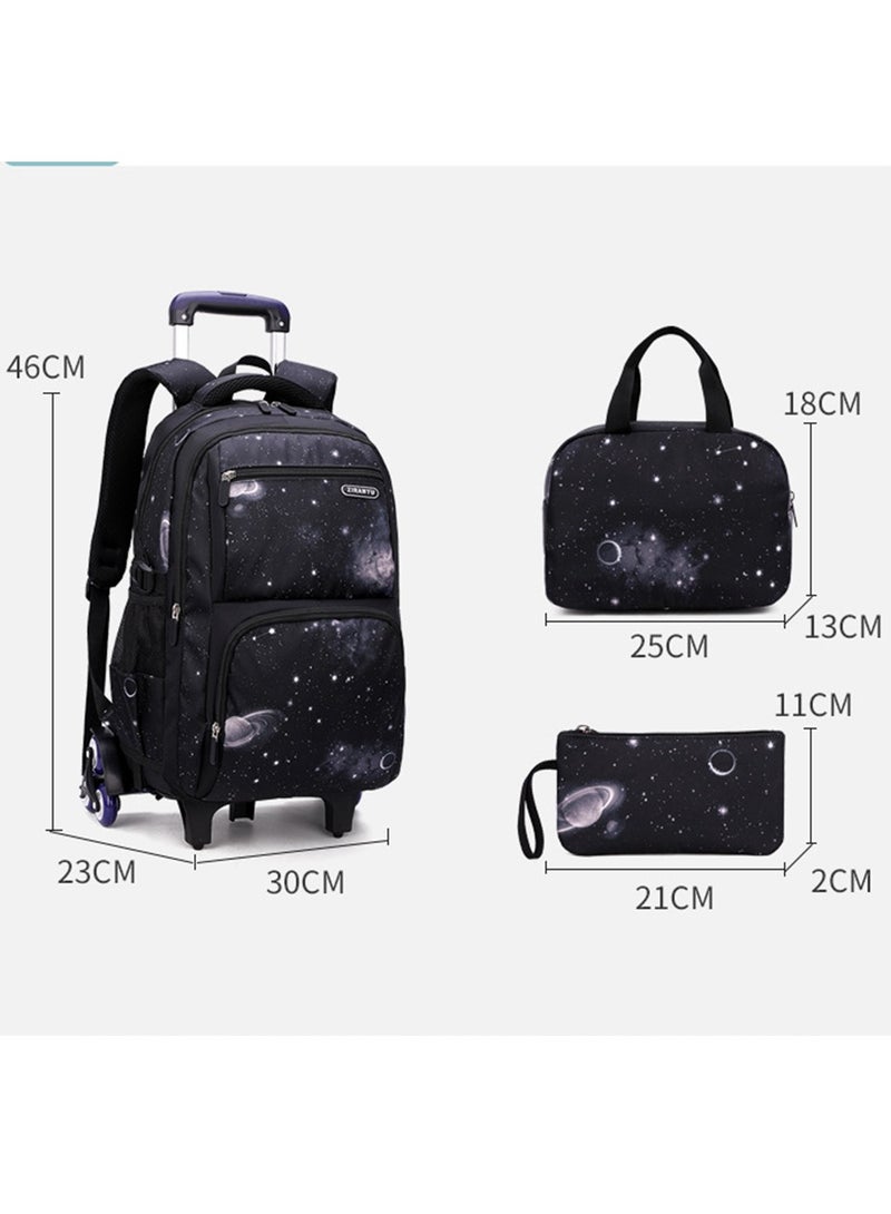 Boys Rolling Backpacks 3-Piece Kids Luggage Wheeled Backpack for Primary Junior School Bag Kids Backpack with Lunch Box and Pen Pouch Trolley Bags Space-Galaxy Roller Bookbag