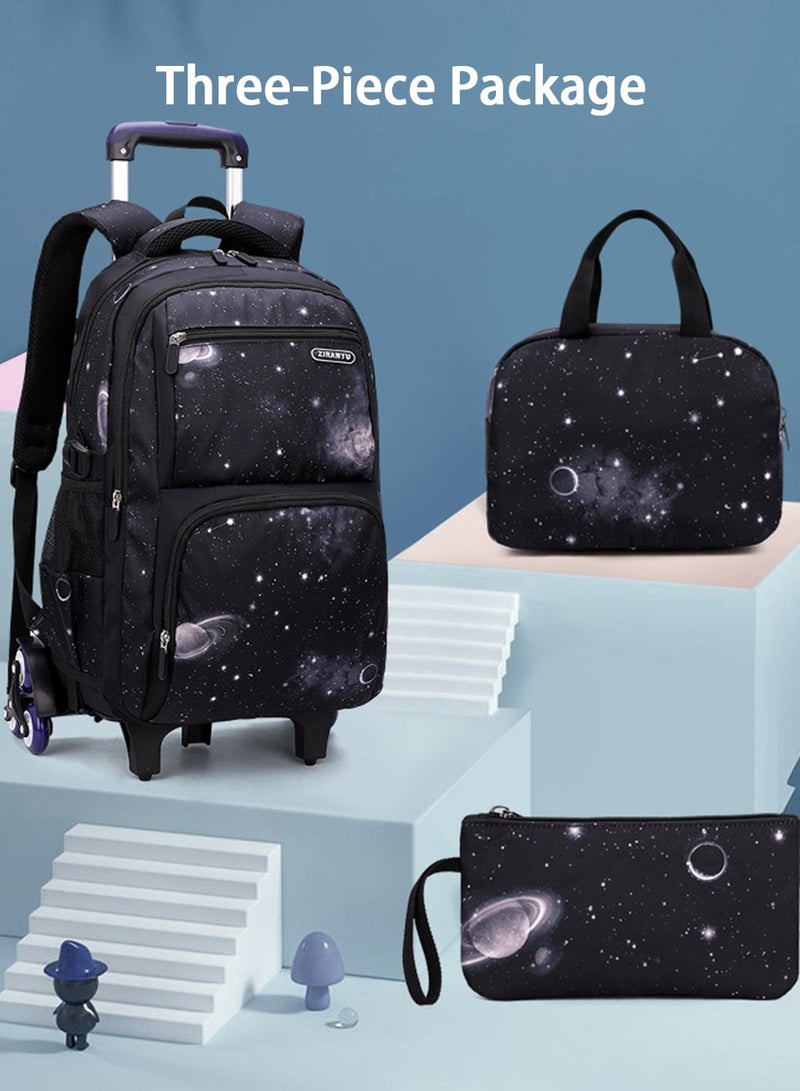 Boys Rolling Backpacks 3-Piece Kids Luggage Wheeled Backpack for Primary Junior School Bag Kids Backpack with Lunch Box and Pen Pouch Trolley Bags Space-Galaxy Roller Bookbag