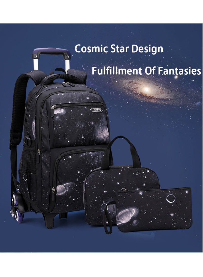 Boys Rolling Backpacks 3-Piece Kids Luggage Wheeled Backpack for Primary Junior School Bag Kids Backpack with Lunch Box and Pen Pouch Trolley Bags Space-Galaxy Roller Bookbag