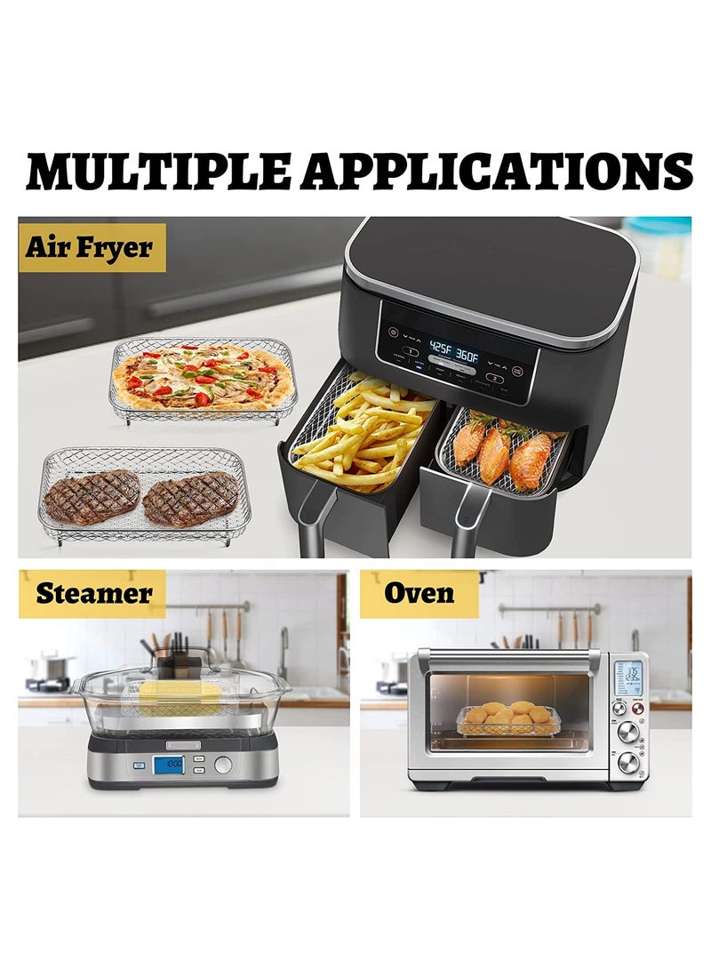 Stainless Steel Air Fryer Rack Set 3 Pcs Perfect for Ninja Dual Basket Fryers Includes Clips and Elevated Feet for Optimal Cooking