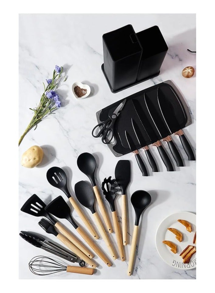 19 Pieces Kitchen Utensils and Knife Set with Block, with 9 Piece Silicone Cooking Utensils Set 5 Piece Sharp Stainless Steel Chef Knife Scissors Whisk Tongs (BLACK)