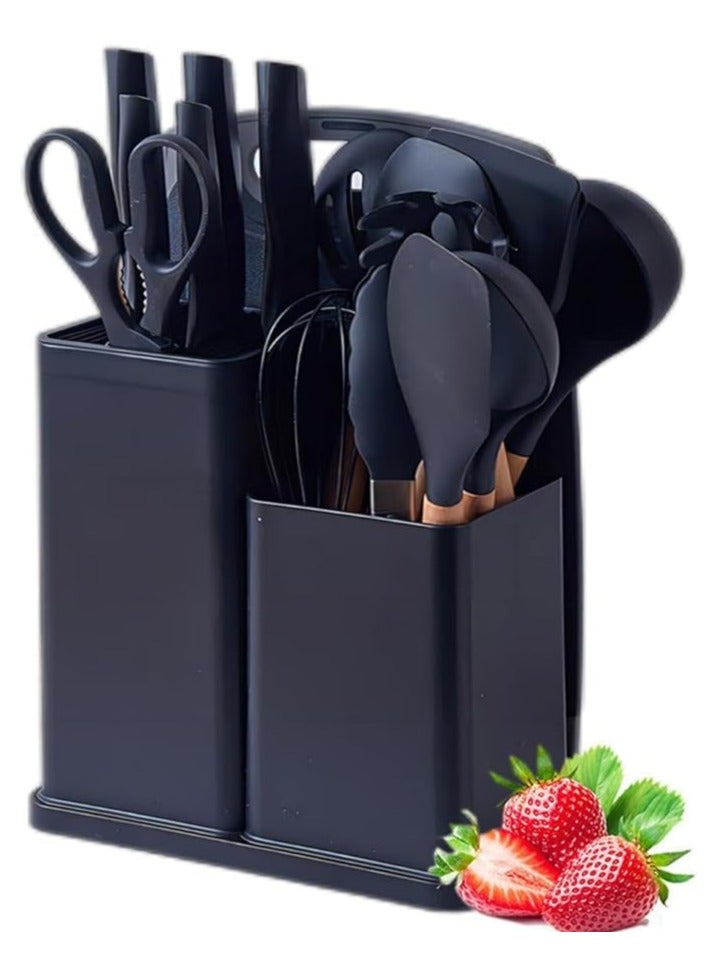 19 Pieces Kitchen Utensils and Knife Set with Block, with 9 Piece Silicone Cooking Utensils Set 5 Piece Sharp Stainless Steel Chef Knife Scissors Whisk Tongs (BLACK)