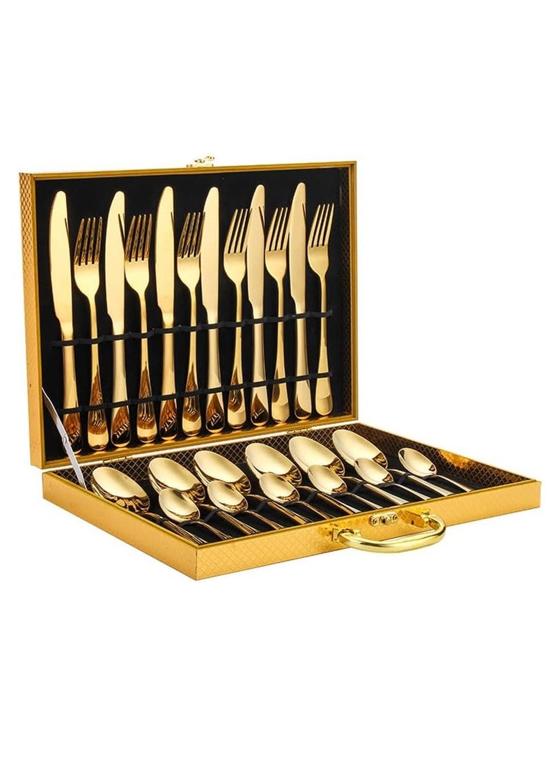 Cutlery Set Stainless Steel Gold Flatware Set with Premium Gift Box Mirror Polished Cutlery Set (24 PC)