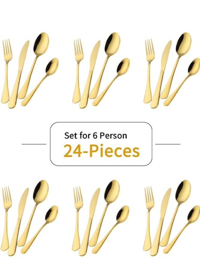 Cutlery Set Stainless Steel Gold Flatware Set with Premium Gift Box Mirror Polished Cutlery Set (24 PC)